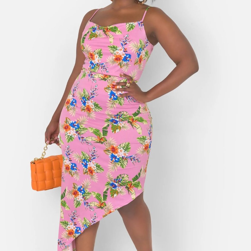 Rebdolls Pink Floral Assymetrical Midi Bodycon Dress
